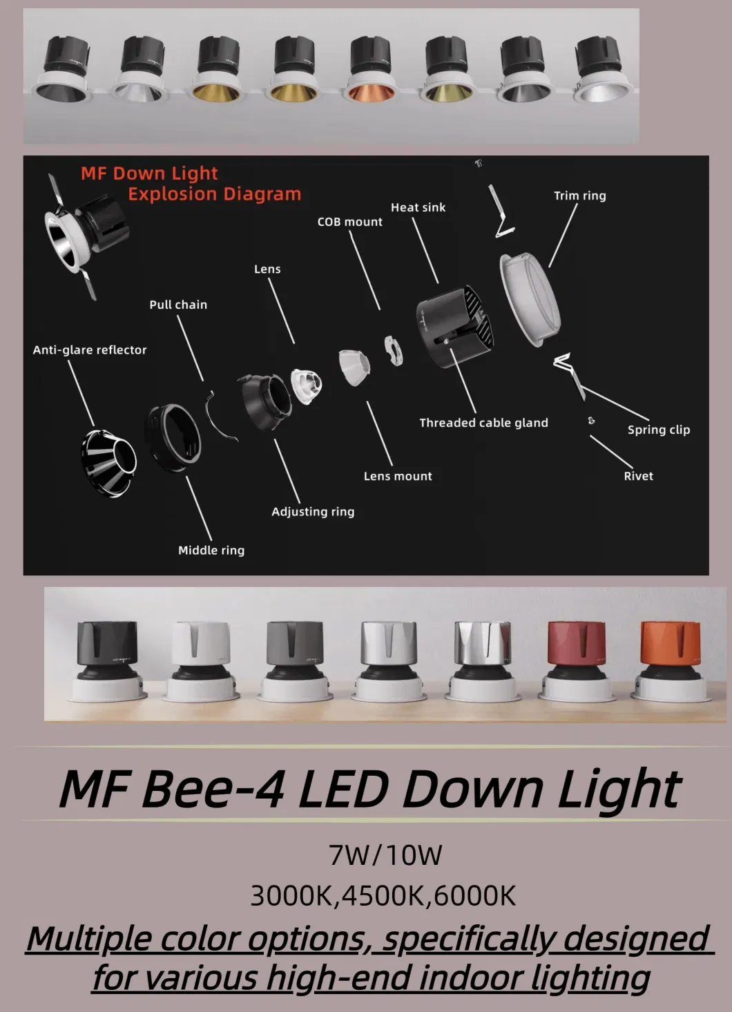 ハイエンド LED 天井ダウンライト マルチパルスビームアングル 7W/10W 75mm アンチ - ブレア IP43 LED 天井隠しCOBスポットランプ 0